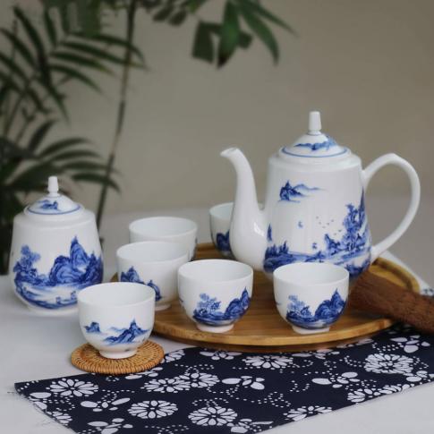 8头手绘青花(huā)绿茶具--山(shān)高水長(cháng)